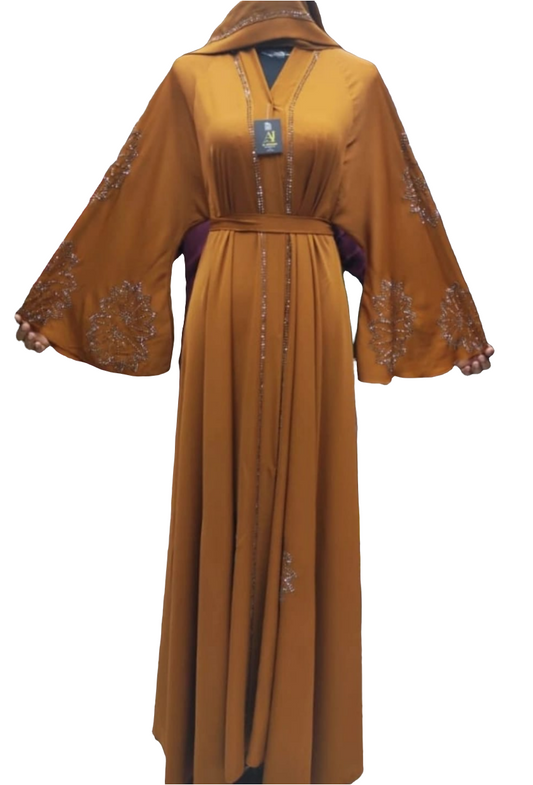 Abaya Dubaï Unique – Couleur Caramel Foncé avec Perles Élégantes